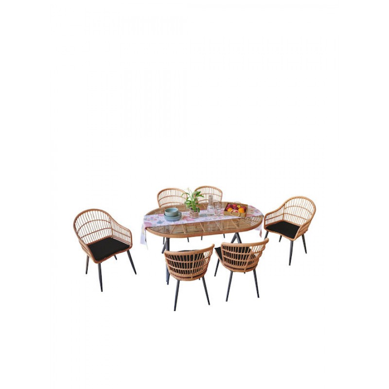 SALSA Τραπεζαρία Κήπου:Μέταλλο Βαφή Μαύρο-Wicker Φυσικό: 2 Πολυθρόνες+ 4 Καρέκλες+Τραπέζι Κωδικός: [Ε-00021710] Ε280,S